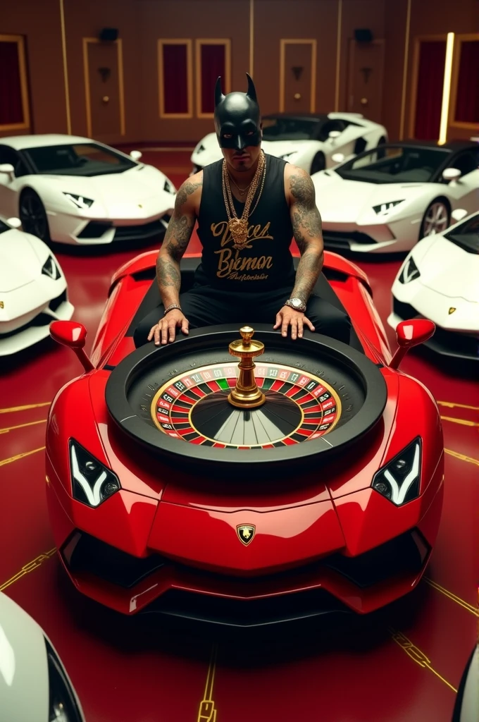 a tattooed man , with gold chain, Rolex, Batman Mask, vest with roller lettering, she on top of a red Lamborghini, with a roulette wheel on top of the car, playing roulette,several white Lamborghinis around , in a circle and the red Lamborghini in the middle in a room full of rich people