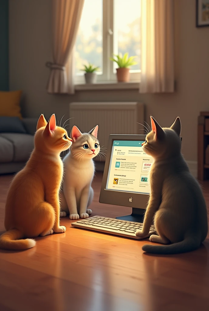 about four cats three males and one female sitting on the floor watching their computer while talking about the topic they are watching