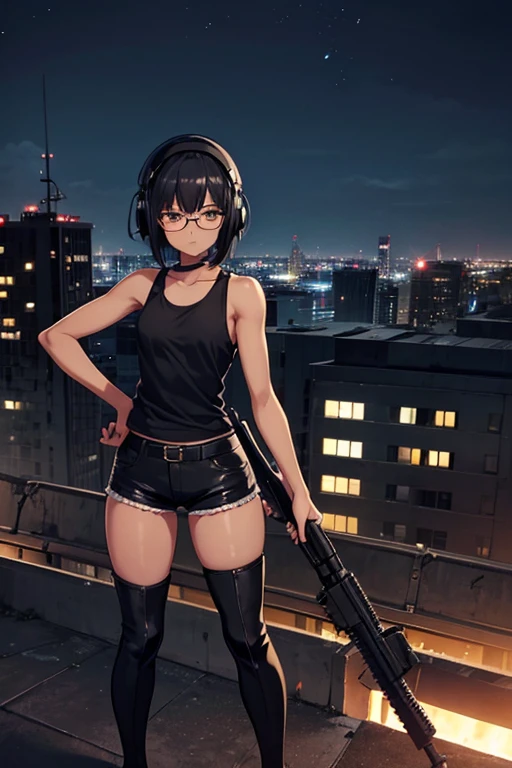 Anime Art、Full body portrait、Abandoned building rooftop at night、Sniper、A dark-skinned woman, about 1, about 155cm tall, wearing a black tank top and black shorts, holding an old rifle with a long barrel.、Glasses、headset、Hairstyle: Short bob、Black Hair、Weak look、Dark Eyes、Thigh-high boots、Flat chest
