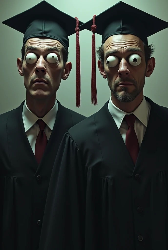 2 man in graduation clothes with bulging eyes