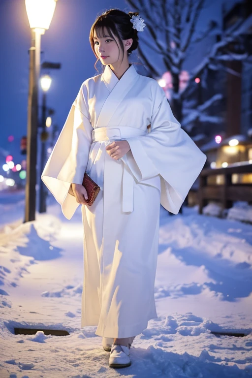 female、White kimono、snow、night