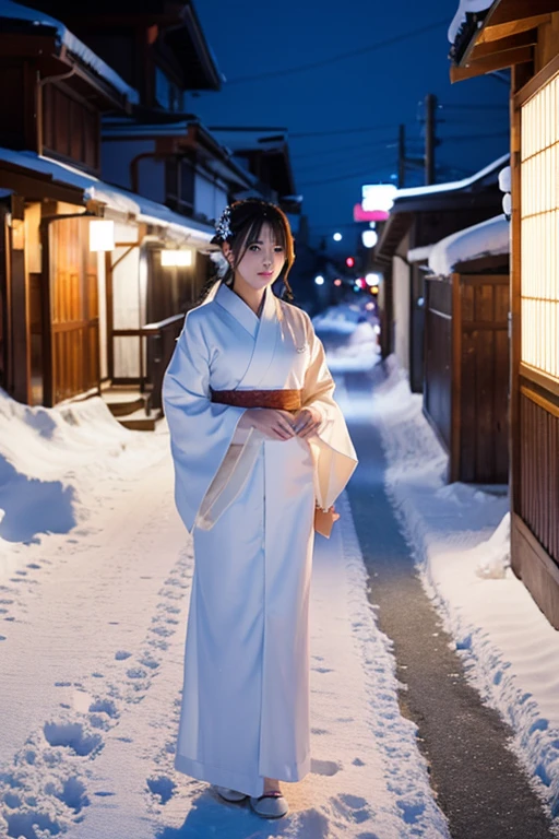 female、White kimono、snow、night