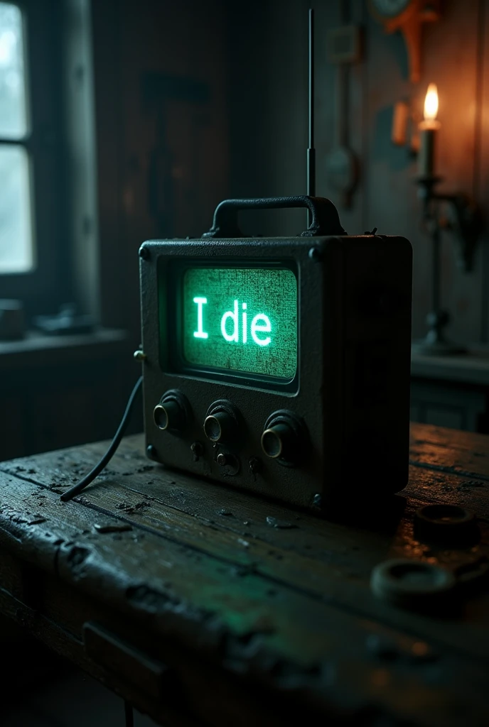 Create a dark, close-up shot of an old, vintage radio or Morse code device with visible wear and tear, sitting on a wooden ship’s table. The room around it is dimly lit, with only a flickering candle or lantern casting light. The screen of the radio shows static, and a message begins to appear in eerie, glowing letters: 'I die.' The sound of crackling static fills the air, and the room has a ghostly atmosphere, with faint shadows moving in the background or a cold mist slowly creeping in, suggesting an otherworldly presence. The scene should evoke a sense of suspense, fear, and mystery.