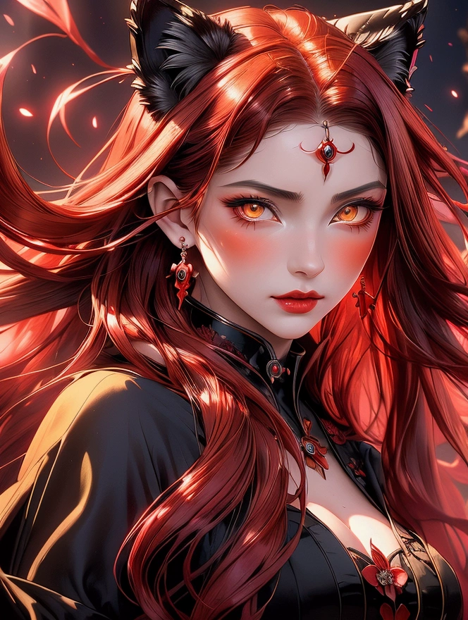 Beautiful scarlet wolf girl, Art nouveau style, fondness, scarlet Wolf ears, red hair is long, sunlight rays, airiness, grace, Floral ornament, хмурая, angry, chiffon, Silk, Correct eye proportions, Expressive yellow eyes, long eyelashes, plump wet lips, Texture skins for the face, A lot of air, higly detailed, Doubleexposure, 30 thousand..., hyper realisitc, Hi-Def, soft-lighting