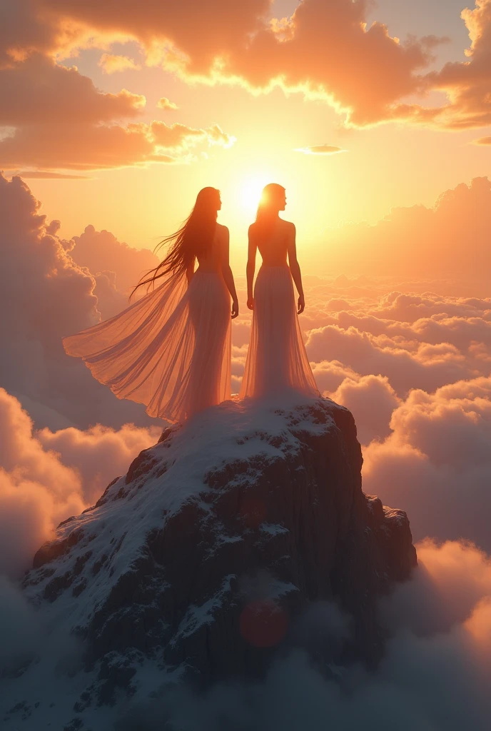 European and American goddesses,beautiful back view,Standing on the top of the mountain,Sunset sunset,sea of clouds,