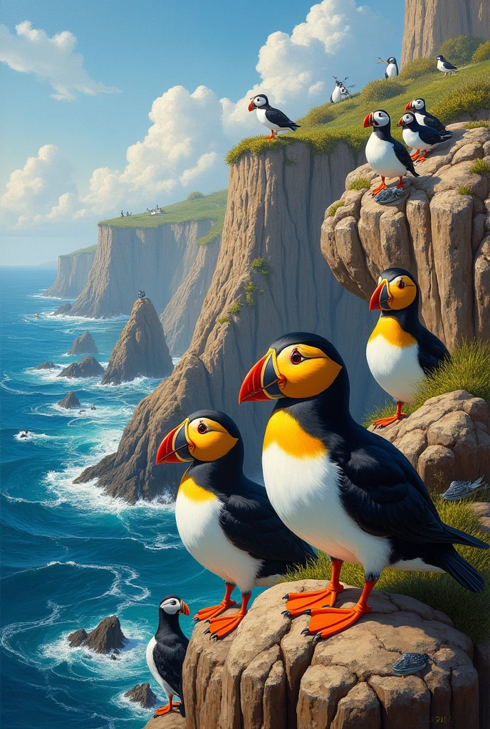 Painting of cliff birds and troupials that stand out in the image