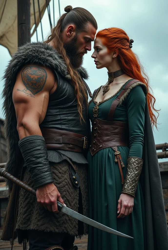 male 2, Cao Cao , viking style ragnar lodbrok muscular body using a viking weapon, next to him a woman with natural red hair with a Viking hairstyle,peasant, Sansa Stark style They are on a Viking ship He is looking at her,
Make it like it's the cover of a movie