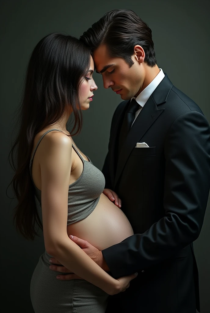 A pregnant girl, White skin, long dark hair, Brown eyes, His face looks sad, on par with her, A 30 year old man, tanned skin, blue eyes, highlighted cheekbones, remarked jaw, dark hair and combed feet, dressed in a fine and elegant suit, Real photo 