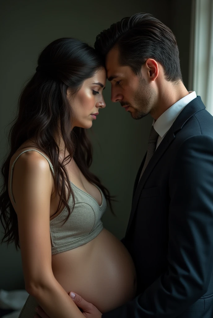 A pregnant girl, White skin, long dark hair, Brown eyes, His face looks sad, on par with her, A 30 year old man, tanned skin, blue eyes, highlighted cheekbones, remarked jaw, dark hair and combed feet, dressed in a fine and elegant suit, Real photo 