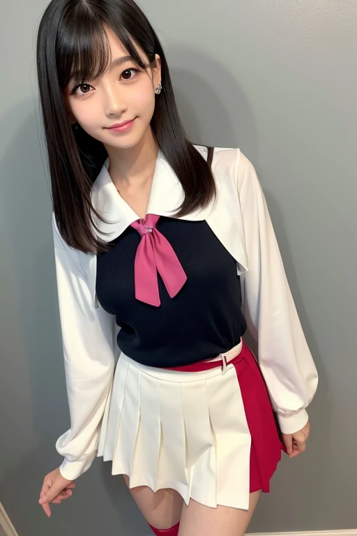 gender: Female
Age: 
height: 158cm
Body type: Slim and slender
Skin color: Bright pink hair color: Black Hair Length: Long hair to the chest
Hairstyle: Straight hair
Bangs: Blunt and eye-length
Face shape: Oval forehead width: Medium eyebrow shape: Slender and slightly arched
Eyebrow color: Eye pupil shape: big、Slightly round
Eye color: Dark brown
Eyelash length: Long and curled
Eyelash color: Black
Nose shape: smallて上向き
鼻の高さ: Low
Mouth shape: small、Lip line is neat
Lip color: Pink
Teeth: smallて整った白い歯
顎の形: Sharp ear shape: small、Slightly rounded
Earlobe: smallて薄い
ホクロ: A mole under the left eye is a facial feature: Fluffy cheeks
Skin texture: Shiny smooth skin
Skin condition: Natural without makeup
Facial expression: Smiling and bright
Eye opening: bigぱっちり開いている
頬の赤み: Natural cheek effect
Jaw line: Sharp and small chin
Pupil sparkle: Sparkling
Cheek line: Soft and rounded
Neck thickness: Thin、Delicate
Hand size: small、Long fingers
Nail shape: small丸い
爪の色: Natural breast size：とてもbig目立つ
腕の太さ: Thin
Leg length: heightに対してやや長め
脚の太さ: Thinて引き締まっている
肩の幅: Slightly narrow
Collarbone: Conspicuous
Waist line: Thinてなだらか
姿勢: Running with your back straight: Light and rhythmic
Facial angle: Front Sailor uniform features Sailor uniform colors: White ribbon color: Bright red ribbon
Ribbon shape: Simple shape tied short
Ribbon size: Small and understated
Sleeve shape: Short and slim skirt shape: Pleated skirt
Skirt color: Navy blue
Skirt length: About 15cm above the knee Sock color: White
Sock length: Crew socks to below the knee
Shoe color: Black
Shoe shape: Loafers
Tie shape: Wrapped under the sailor collar
Tie color: Red
Skirt fit: Fit snugly at the waist
Number of collar lines: １Line sailor suit fabric: A mix of cotton and polyester. A variety of facial expressions and poses.: Shy smile, direction of gaze: Slightly upper right
Hand movement: Body orientation when lifting skirt: Front shoulder height: Natural height、The detail of a relaxed facial expression: A smile that exudes kindness