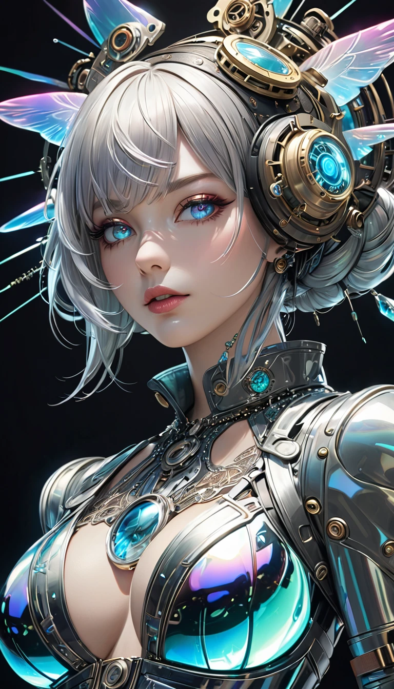 (cyberpunk, Clockpunk, Dieselpunk, Steampunk), work of art carved from pearl platinum crystal, (ultra detailed, absolutely resolution, best quality:1.3), 2.5D, delicate and dynamic effects, iridescent lighting effects, artistic photography, hyper realistic