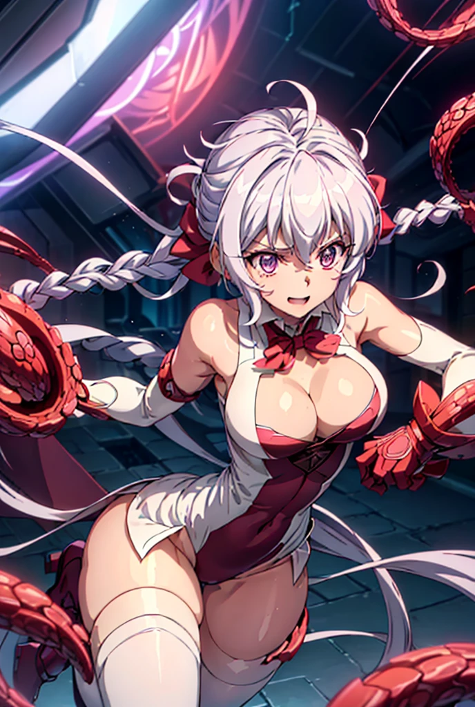 ((masterpiece)), ((Best quality)), (high resolution), (illustration), (an extremely delicate and beautiful), (ultra detailed beautiful face and eyes), nsfw, 1girl, leaning forward, YukineChris, long hair, purple eyes, twintails, low twintails, ahoge, large breasts, fishnet pantyhose, red a bow tie, volumetric lightning, detailed skin texture, detailed, volumetric shadow, anime screencap,Highest quality, Sorceress, ancient babylonian nobility, ((tan skin:1.2)), (brown skin color),Long hair, twin braids, hair ornament, wine colored hair, smile, Below average size breasts, bare shoulders, (underboob:0 Raise your legs vertically、Ready your gun?、腕を前方に伸ばして谷間強調
M字Leg spread、between legs、Groin、Tentaclesに体を絡まれる、Leg spread、Spread your legs、Ecstatic expression、Tentacles、Bondage 8K, masterpiece, Best_quality, high_resolution, ultra_details, detailed, 1girl, 独奏, looking_at_viewer, upper_body, indoors, braid, blurry, bangs, white_hair, blurry_background, collared_shirt, church, hair_ribbon, hair_between_eyes, sidelocks, depth_of_field, light_particles, window, french_braid, Alphonse Mucha Style, sharp focus, perfect hands, perfect face, perfect eyes, perfect light, dynamic light, natural light, Masterpiece, Best quality, red dress、Yukine Chris、Symphogear