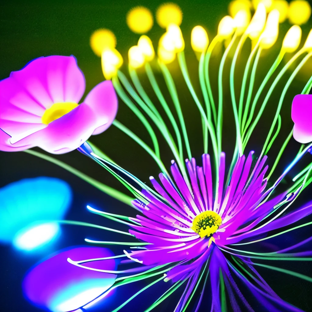 a close up of a flower with neon lights on it, radiating atomic neon corals, twirling glowing sea plants, harmony of neon glowing coral, neon color bioluminescence, neon bioluminescence, filled with bioluminescence, purple and blue neons, neon jellyfish, glowing neon flowers, purple bioluminescence