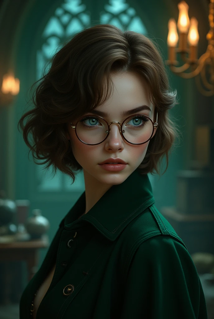 A with a pretty face, blue eyes, short brown hair, wearing glasses, and in Slytherin.
