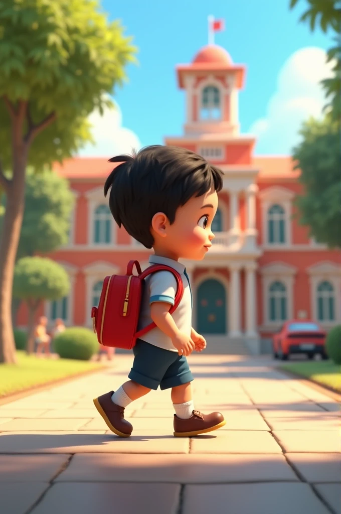 Animated image of a child leaving school in profile