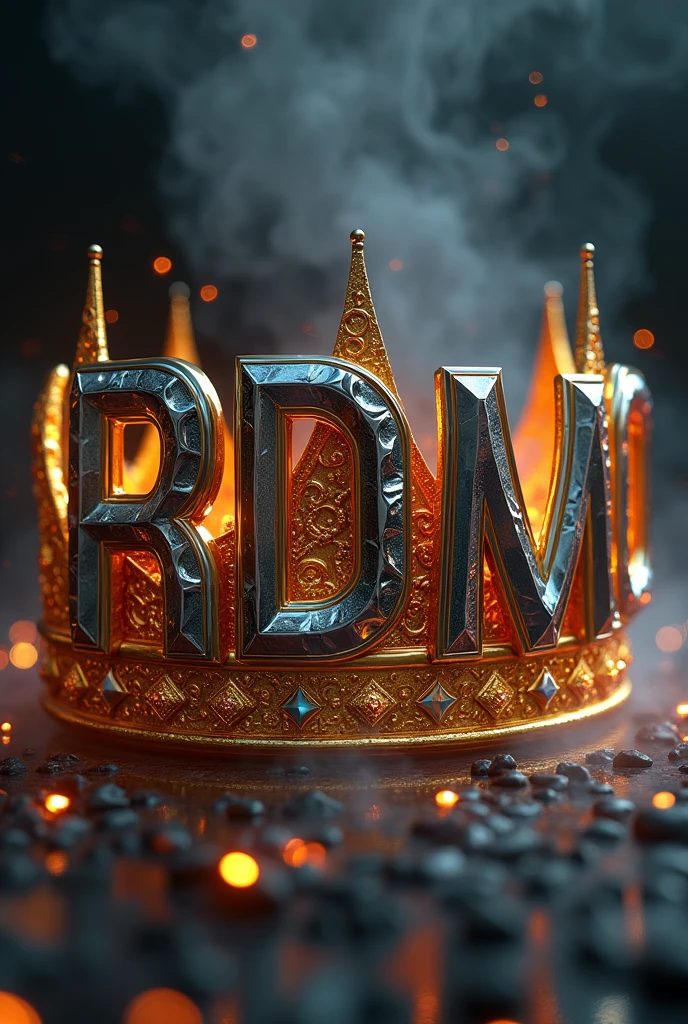 Capital letters ( RDMC ) in shiny chrome metallic texture type catana blades, in very exaggerated gothic style, with reflections of fire, floating in front of a golden king's crown with gems, on a black background with lots of smoke