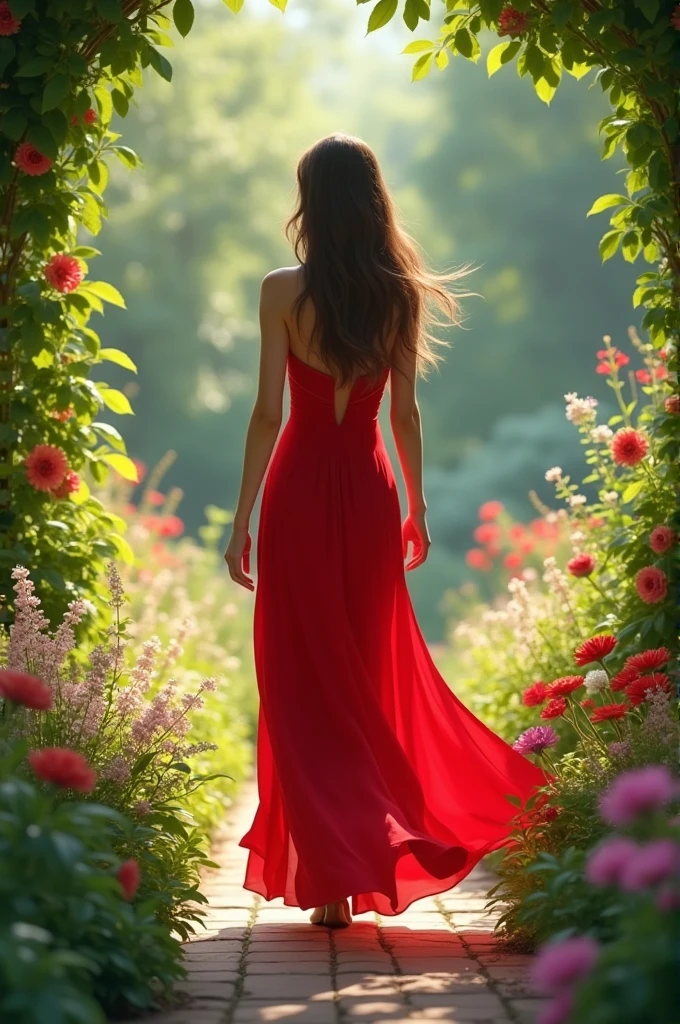 A woman with long haïr who walks in a garden wear a long red dress.