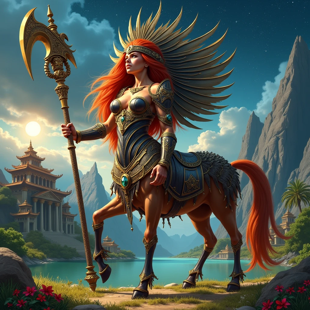 Epic digital summer art, fearsome ginger female centaur warrior, holding a giant ornate crystal scythe, wearing a tall intricate headdress, extravagant tight leather armor with white and black accents, cloudy sky, moonlit starry night, steep mountains, lake, exotic temple architecture, tall trees, colorful flowers.