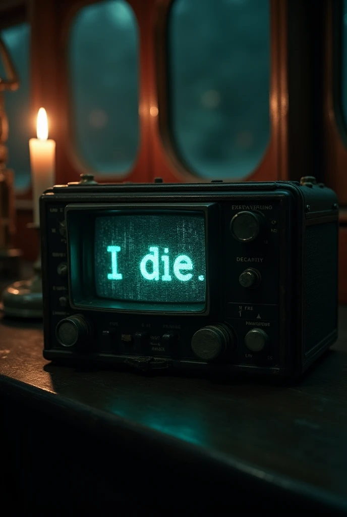 Create a dark, close-up shot of an old, vintage radio or Morse code device with visible wear and tear, sitting on a wooden ship’s table. The room around it is dimly lit, with only a flickering candle or lantern casting light. The screen of the radio shows static, and a message begins to appear in eerie, glowing letters: 'I die.' The sound of crackling static fills the air, and the room has a ghostly atmosphere, with faint shadows moving in the background or a cold mist slowly creeping in, suggesting an otherworldly presence. The scene should evoke a sense of suspense, fear, and mystery.