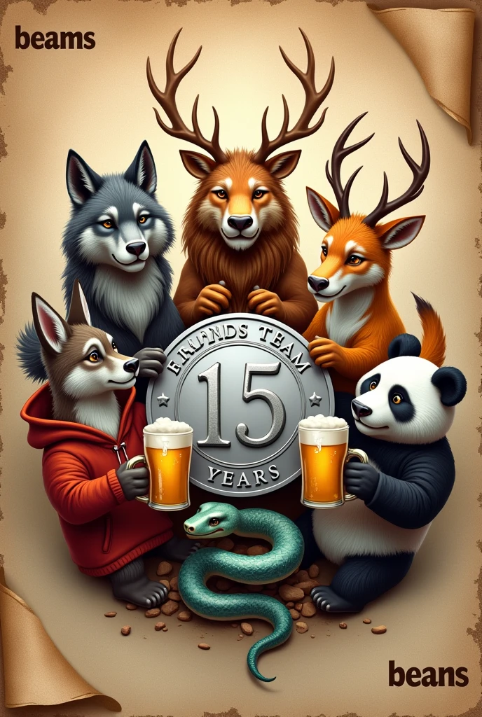 create a logo with animals (very , lobo , leon . doe, Snake , panda) with glasses of beer in hand a silver coin in the center with the phrase "15 years" , a papyrus sign at the top that says "Friends team" , another lower sign that says "beans" , you can make them less childish, follow the instructions in detail