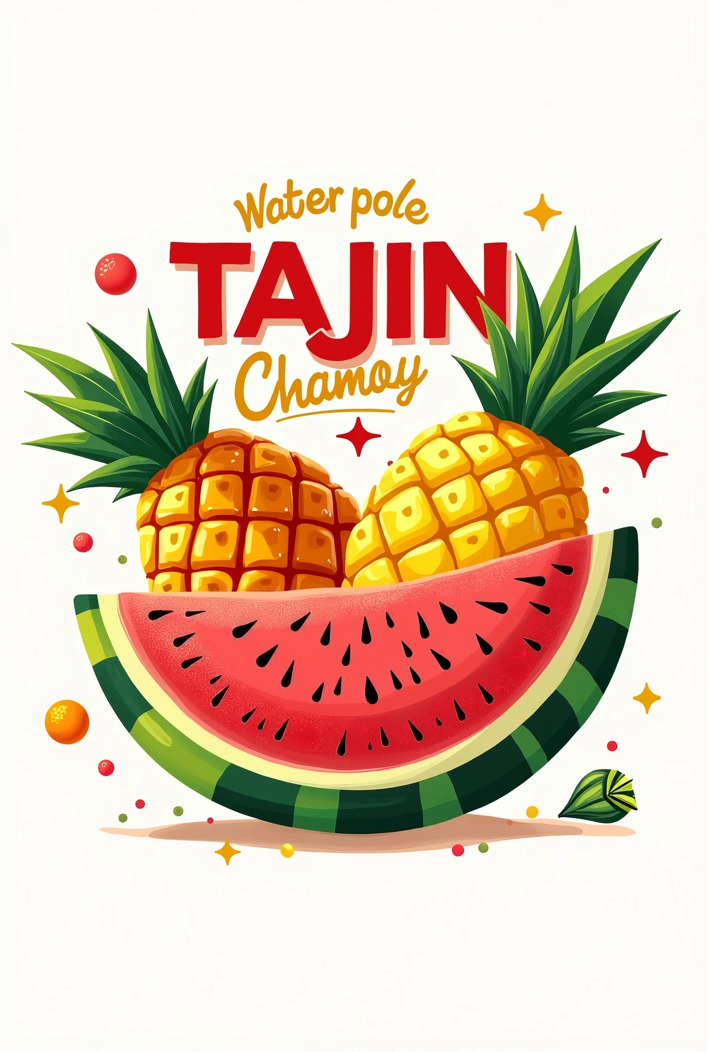 watermelon and pineapple sales logo, With champy and tajin I want you to show the tajin and chamoy in the logo letters of watermelon and pineapple with tajin and chamoy