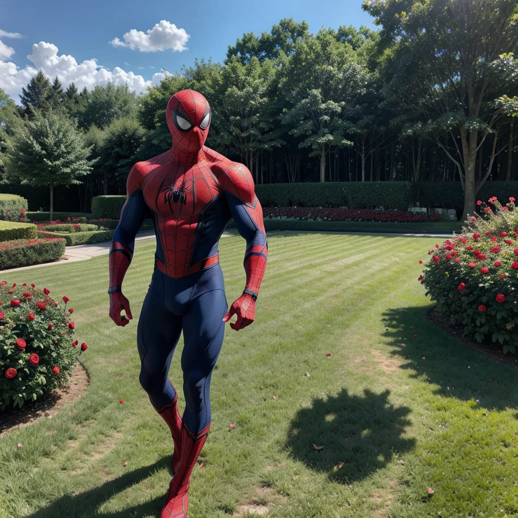 Muscular Spider-Man, walking through a grass full of roses on a sunny day.