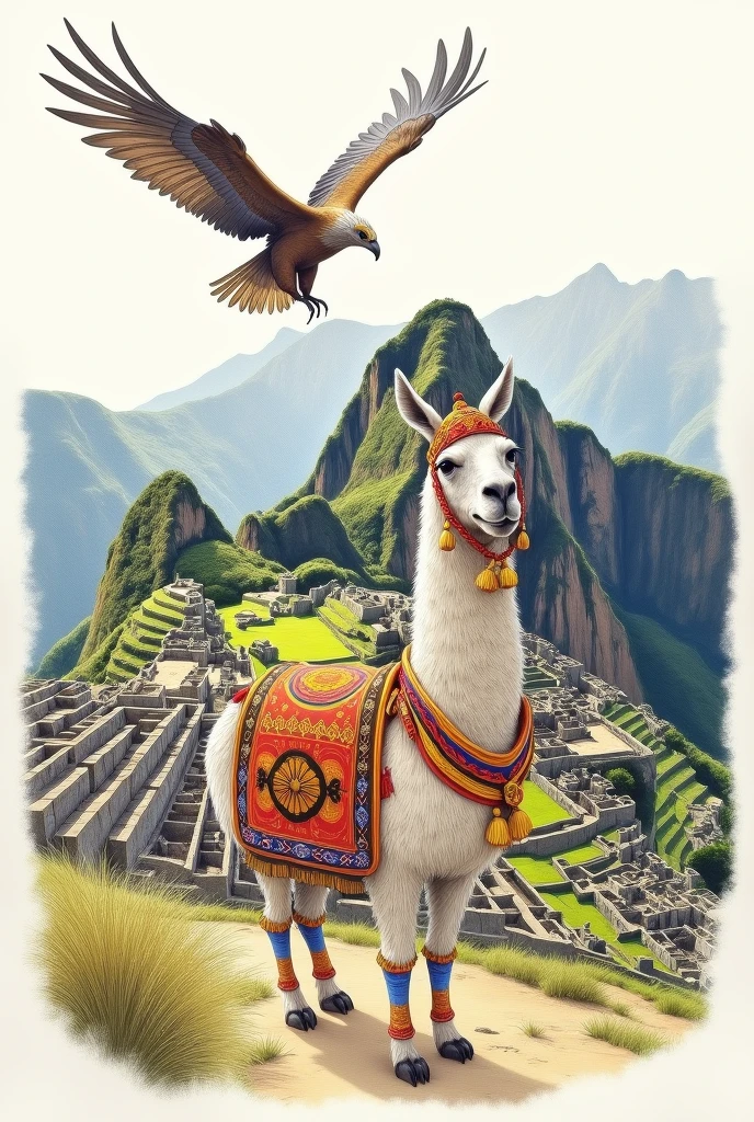 machupicchu with a llama in costume and a flying condor made in pencil
