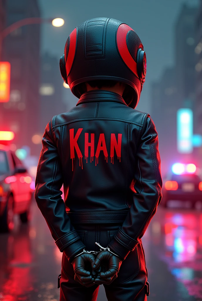 Generate a biker handcuffed facing a wall wearing a sports robotic helmet red an black with jacket written Khan at back tainted in blood background lights of police cars and cartoon image animated with big head and 