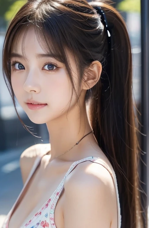 最高qualityのディテール:1.2, Realistic, 8K Ultra HD, High resolution, One Girl:1.2, The 超detailedな, 高qualityのテクスチャ, Intricate details, detailed, 非常にdetailedなCG, 高qualityの影, detailed 美しく繊細な顔, detailed 美しく繊細な目, Depth of written boundary, Ray Tracing, 20th Generation, Cute K-Pop Girls, The Face of Ulzan in Korea:1.1, Narrow Face, Urzan-6500-v1.1:0.6, Pure Eros Face_v1, Glow Eyes, cheek, Glossy Lips, Perfect body, choker、Cleavage、 Brown Hair、ponytail:1.1, street, particle, View the viewer, Photorealistic:1.4, 超detailedな, Photo Real, 4K 8K Ultra HD Full Color RAW Photos, Fujifilm(Medium format:1.2), Hasselblad:1.2, Carl Zeiss:1.1, Incredible dynamic range photography(utility_art:Smoose-768:1.1), High resolution, High pixel count, 明確なdetailed, Clear images, Natural color reproduction, Noise Reduction, High fidelity, quality, Software Improvements, Upscaling, Optimized Algorithms, Professional-level retouching、((Shibuya Ward, Tokyo))、On the way to shopping、((Stylish and Design-Forward Clothing))、Graphic T-shirts: artとロゴ、アニメキャラクターがプリントされたGraphic T-shirtsが流行.、Use for unique styling