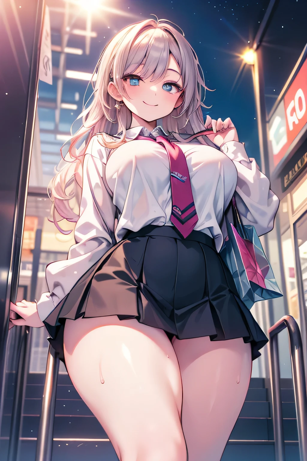 Anime illustration、High resolution、smile、A busty high school girl shows off her charms in a school uniform at dusk in a shopping district、Ribbon tie、mini skirt、Perfect proportions、Cowboy Shot、Plump thighs、Sharp Eyes、Sweaty