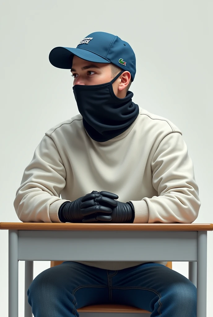 Realistic image of a young man sitting on chair and school desk, all white sweatshirt, jeans, black cold gloves, Lacoste brand blue curved brim cap. The young man is looking sideways. With a black bandana on his face. shaven hair.
