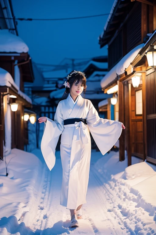female、White kimono、snow、night