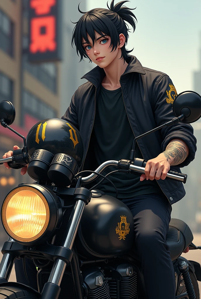 a boy driving his black bike, in front of a hotel holding his black helmet in his hand, the boy is wearing black Jacket and black T-shirt and black pants and black ankle length boots, and has tattoos on one arm and on the left side of the helmet, there's a beautiful and small sign engraved in Golden colour, which is made up with initial 'N' and 'D'. the boy is handsome, and has a half hair's pony, a realistic image.