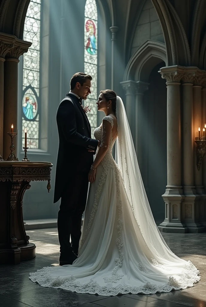 Wedding of a groom in a dark gothic style suit, with the bride dressed as a princess

