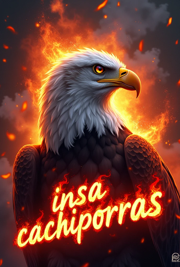 The head of a bald eagle with a background of flames and with some letters that say INSA CACHIPORRAS at the bottom in vibrant colors