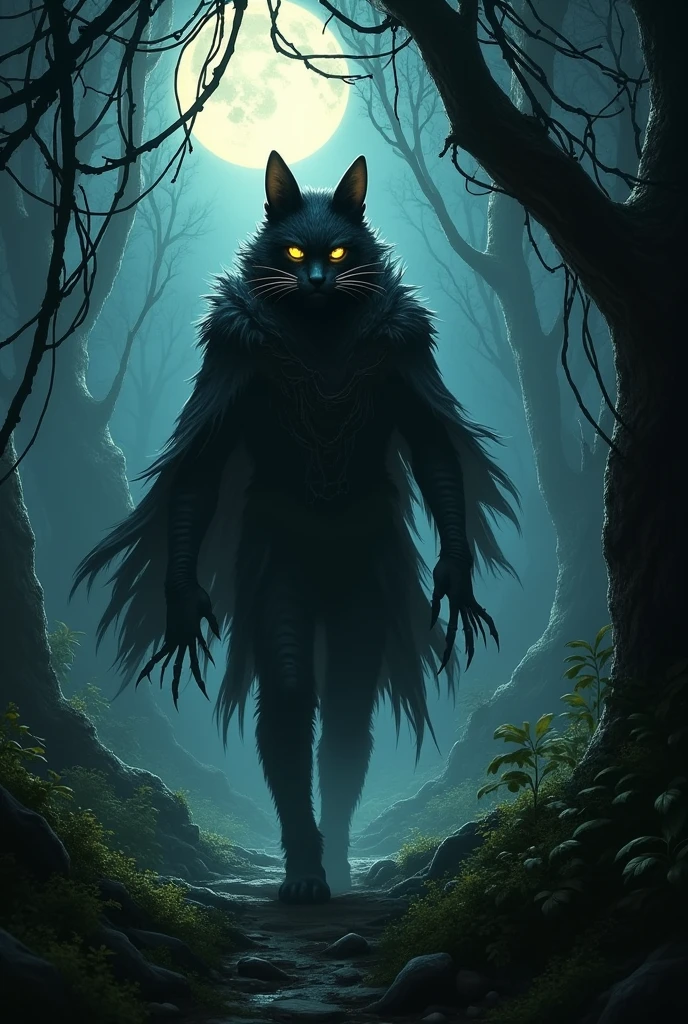 Catman in the Jungle at Night**
- Scene: A dark, eerie jungle at night.
- Character: Catman, a humanoid figure with feline features. He has sharp claws, cat-like eyes glowing yellow, wears a tattered cloak, and has fur-tipped ears.
- Action: Walking cautiously through dense trees with moonlight filtering through branches.