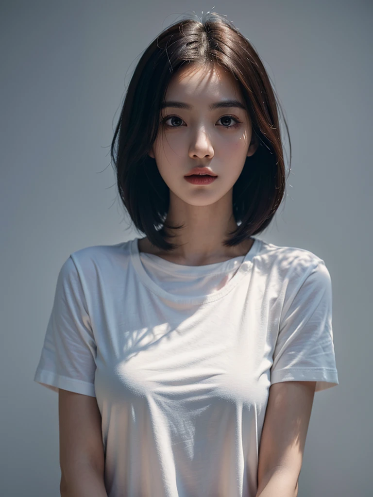 Highest quality、masterpiece、Ultra-high resolution、(Realism:1.4)、 1 person、In a pale background、Deep Shadow、Low Key、Shortcuts、Upper Body、sex appeal、Wearing a thick T-shirt、Cosmetic CM