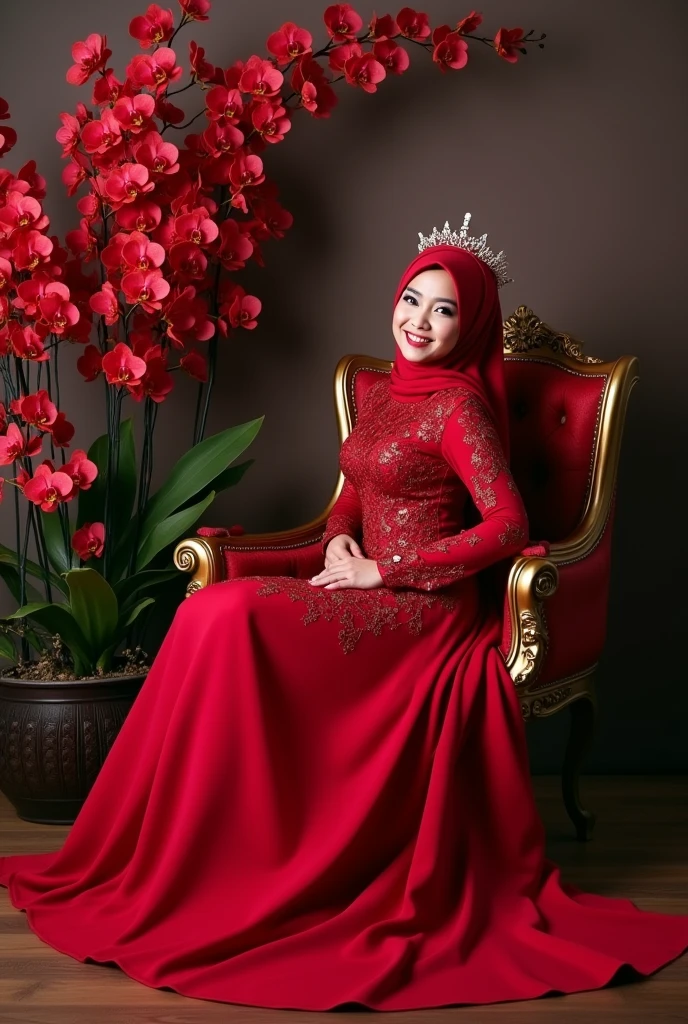 a beautiful Indonesian woman, smooth white skin, well-groomed face ,smile gracefully. Wearing a long red wedding dress,down to the ground,wearing a red hijab with a crown of flowers, posing sitting on a luxurious chair, smile gracefully, full of charisma among the red orchid flowers, which is very amazing.seikat bunga mawar di tanganya, very beautiful orchid flower background looks very amazing. Realistic original photo.