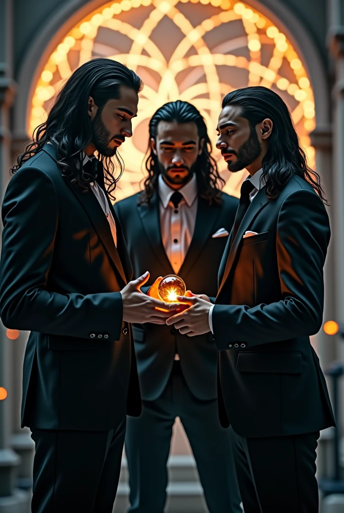 imagine three perfectly attractive 40-year-old men. with a hypnotic beauty. With beauty that mixes Nordic with black man with flowing hair on the shoulder with elegant black suit impeccable cut, interacting with each other, in a setting of enchanted and illuminated atmosphere.These men are part of a clan of wizards, just came out of an important initiation, where they have just acquired a new magical ability. and discover a magical artifact