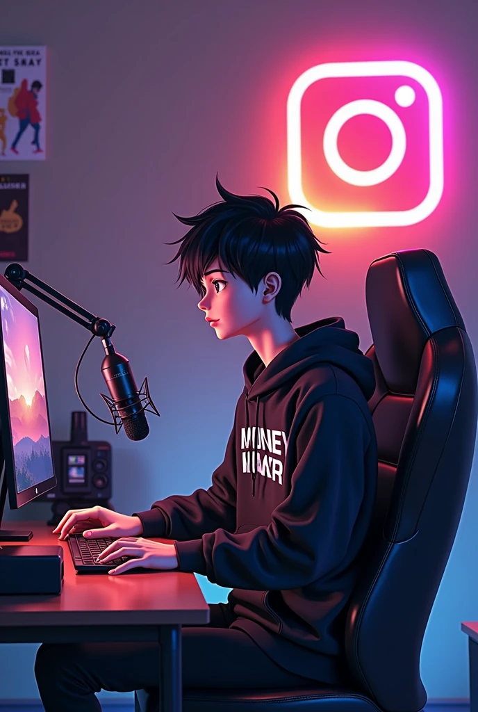 Create a image of 18 year boy anime sitting infront of computer desk with a microphone and laptop wearing a black and white hoodie with the channel name on it money maker the background includes a large Instagram logo on the wall