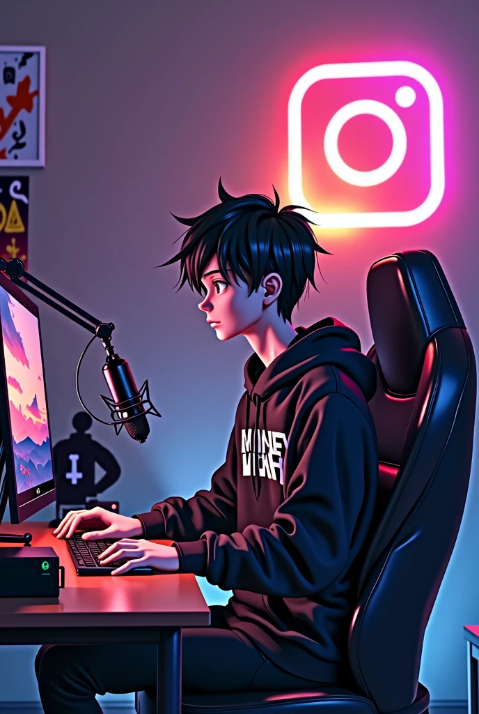 Create a image of 18 year boy anime sitting infront of computer desk with a microphone and laptop wearing a black and white hoodie with the channel name on it money maker the background includes a large Instagram logo on the wall