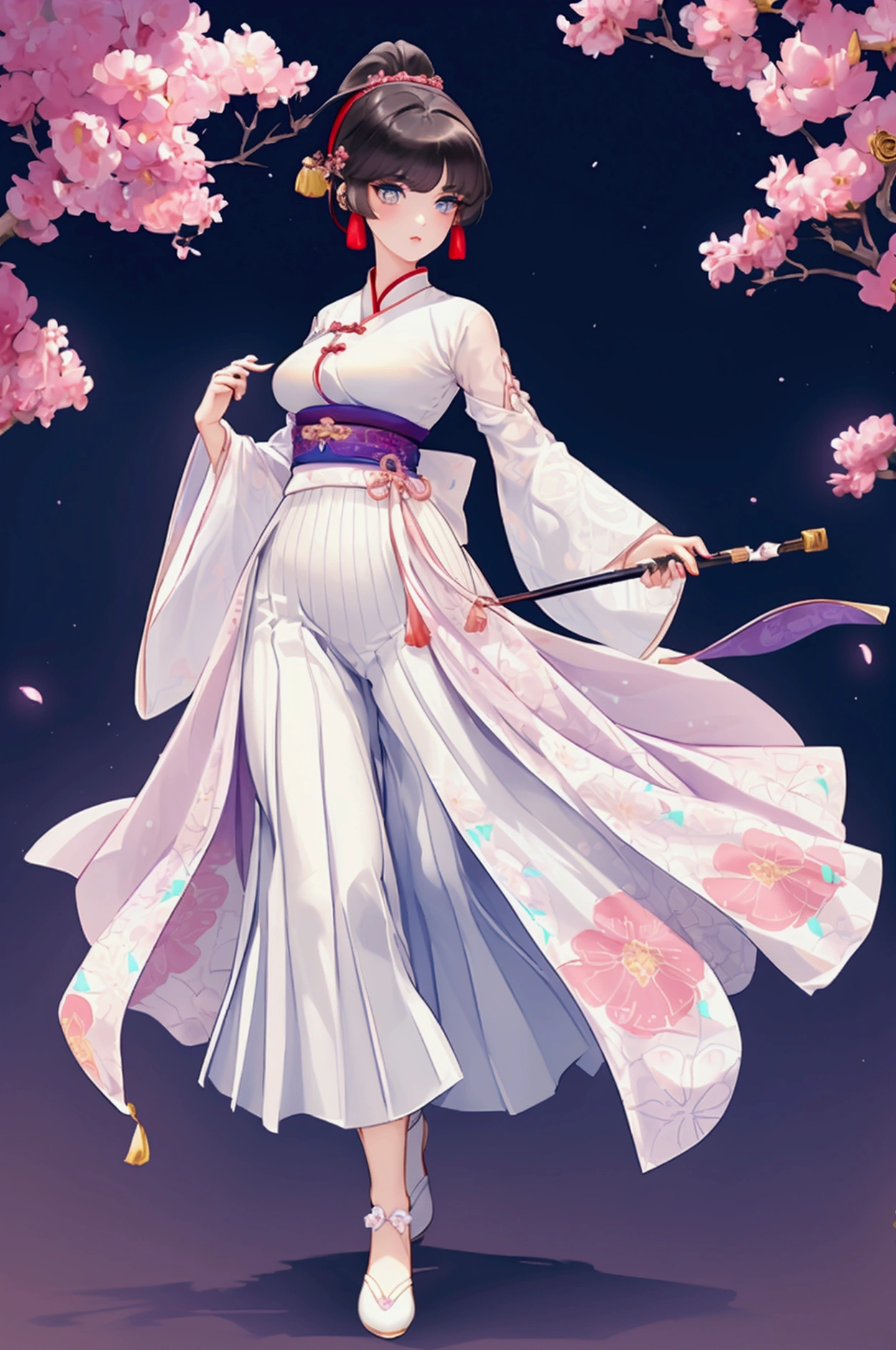 Create Female Ranma, make a girl,Clear contours, Colorful full body photos, (Beautiful and delicate eyes), (pretty face:1.3), childish face, Red short hair with single ponytail, (Bangs), bumpy Bangs, blue gray eyes, big eyes，Plump breasts，(Clothes Chinese Hanfu)Top: fitted white shirt(fine lace),The bottom is a fitted light purple chiffon wide-leg, high-waist, loose and elegant nine-point pleated long skirt.(Practical:1.2),(Floral Print),   (The actual upper and lower body clothes are:3.7 scale)，Face the camera head-on，One foot is slightly bent against the calf of the other leg。