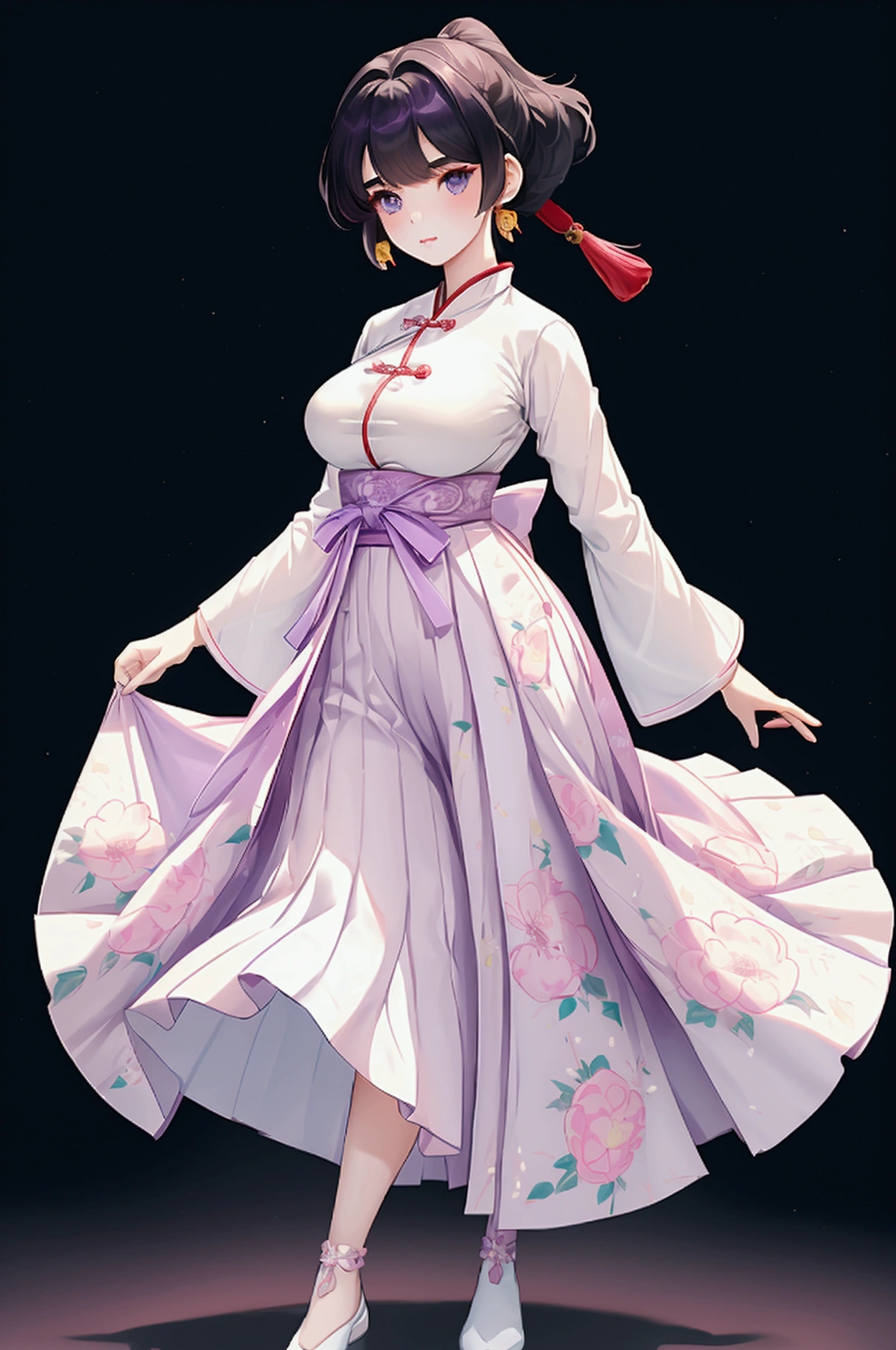 Create Female Ranma, make a girl,Clear contours, Colorful full body photos, (Beautiful and delicate eyes), (pretty face:1.3), childish face, Red short hair with single ponytail, (Bangs), bumpy Bangs, blue gray eyes, big eyes，Plump breasts，(Clothes Chinese Hanfu)Top: fitted white shirt(fine lace),The bottom is a fitted light purple chiffon wide-leg, high-waist, loose and elegant nine-point pleated long skirt.(Practical:1.2),(Floral Print),   (The actual upper and lower body clothes are:3.7 scale)，Face the camera head-on，One foot is slightly bent against the calf of the other leg。