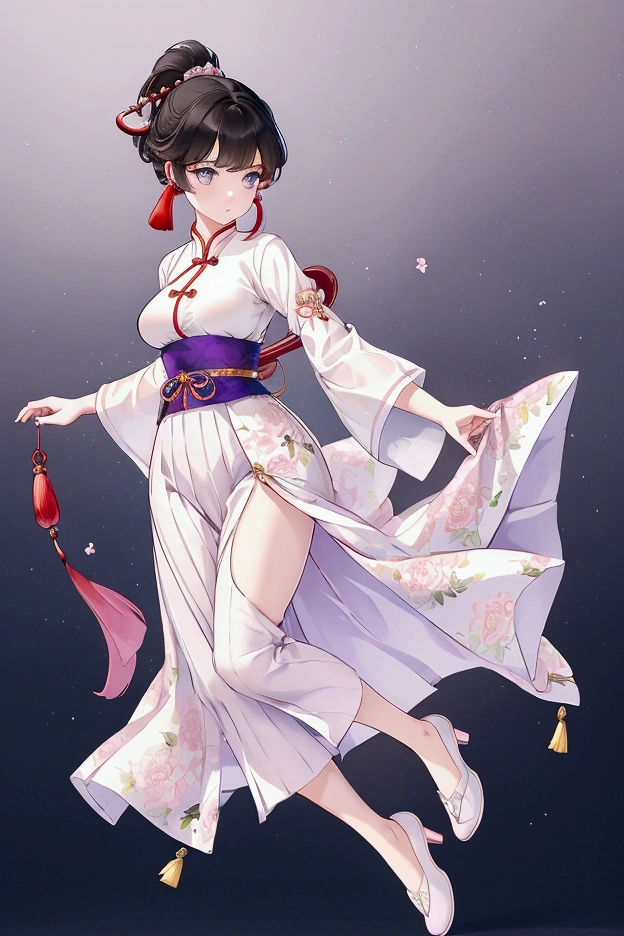 Create Female Ranma, make a girl,Clear contours, Colorful full body photos, (Beautiful and delicate eyes), (pretty face:1.3), childish face, Red short hair with single ponytail, (Bangs), bumpy Bangs, blue gray eyes, big eyes,Plump breasts,(Clothes Chinese Hanfu)Top: fitted white shirt(fine lace),The bottom is a fitted light purple chiffon wide-leg, high-waist, loose and elegant nine-point pleated long skirt.(Practical:1.2),(Floral Print), (The actual upper and lower body clothes are:3.7 scale),Face the camera head-on,One foot is slightly bent against the calf of the other leg。