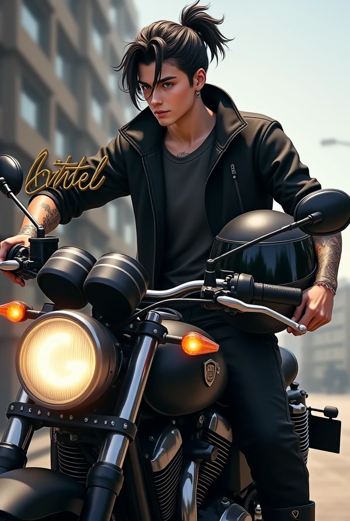 a boy driving his black bike, in front of a hotel holding his black helmet in his hand, the boy is wearing black Jacket and black T-shirt and black pants and black ankle length boots, and has tattoos on one arm and on the left side of the helmet, there's a beautiful and small sign engraved in Golden colour, which is made up with initial 'N' and 'D'. the boy is handsome, and has a half hair's pony, a realistic image.