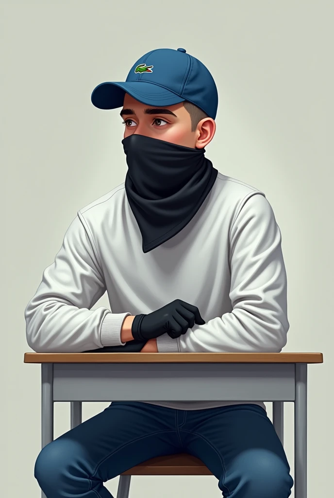 Realistic image of a young man sitting on chair and school desk, all white sweatshirt, jeans, black cold gloves, Lacoste brand blue curved brim cap. The young man is looking sideways. With a black bandana on his face. shaven hair.