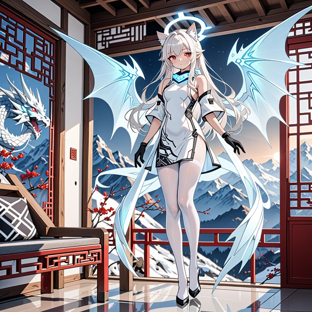 masterpiece, highest quality, highest resolution, clear_image, detailed details, white hair, long hair, 1 girl, cat ears, red eyes, futuristic halo, white sci-fi china dress, detached sleeves with black gloves,  white scarf (around the neck withn a light blue glow), 12 white futuristic dragon wings, white pantyhose, full body, no water marks, no panties, in modern mountain villa