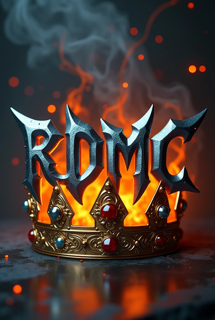 Capital letters ( RDMC ) in shiny chrome metallic texture type catana blades, in very exaggerated gothic style, with reflections of fire, floating in front of a golden king's crown with gems, on a black background with lots of smoke