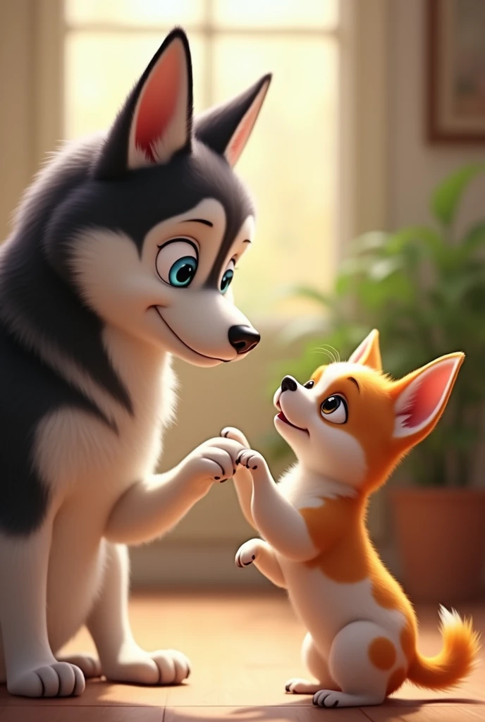 Husky giving paw to a white Chihuahua with orange spots

