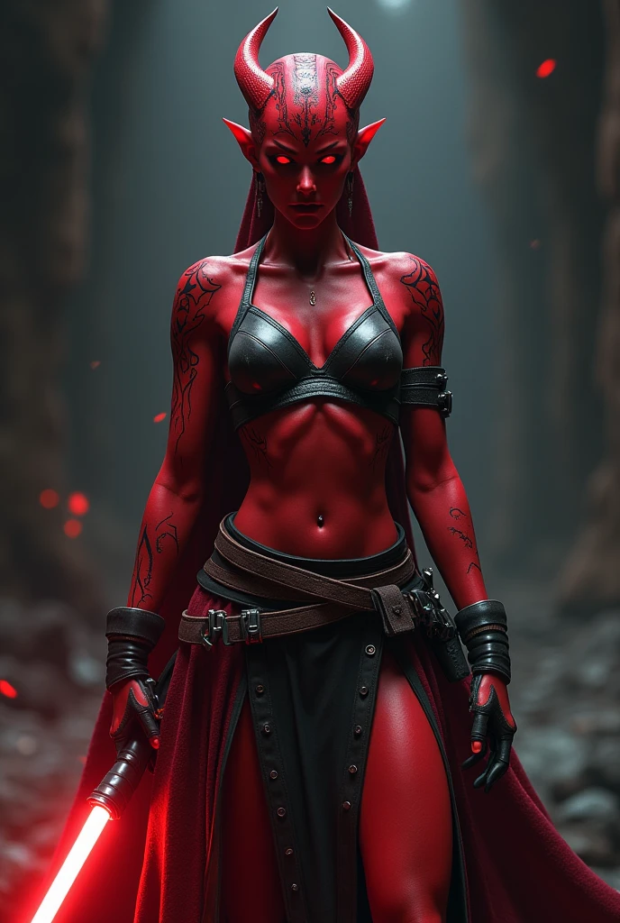 an athletic female twi'lek sithlord, sexy, red skin, battle ready pose, evil vibe 
